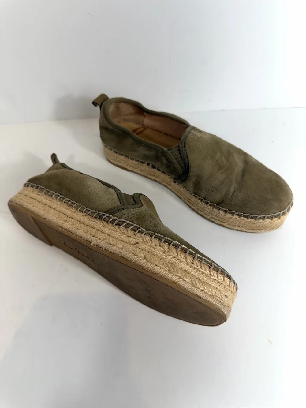 SAM EDELMAN Carrin Olive Green Suede Espadrille Platform Slip-On Flats – Size 7.
